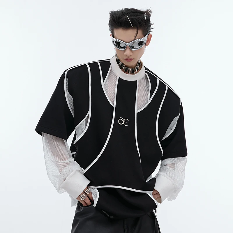 IEFB Personality Metal Patchwork Male Top New Stylish Fake Two-piece Design Shoulder Pad Long Sleeve O-Neck Sweatshirt 24E1812