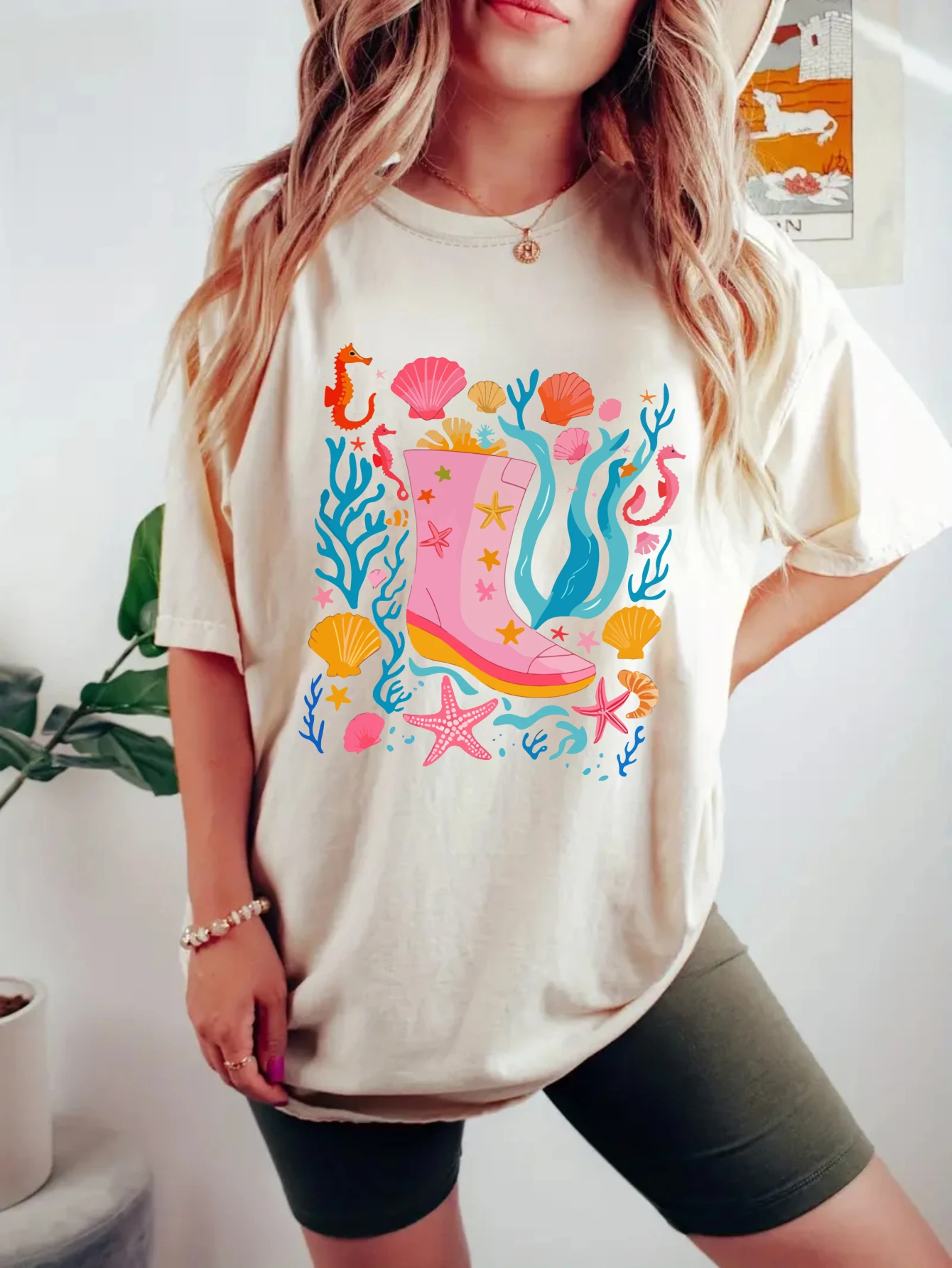 

women's plus size tank top Pink Boot Sea Life Pattern Suitable for sports and daily wear sleeveless casual style top womens
