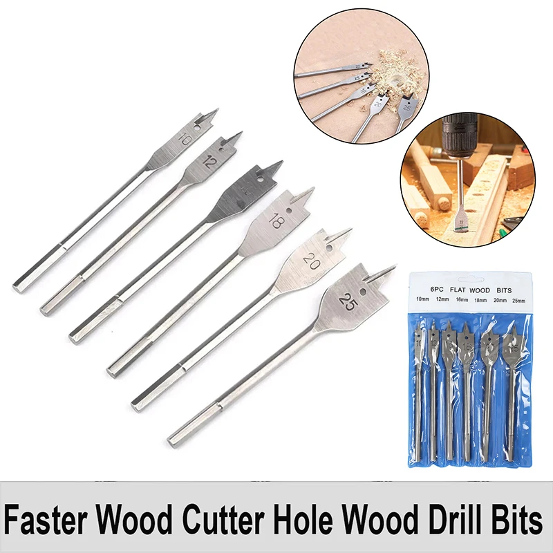 

6PCS Woodworking Spade Drill Bits Set Natural Color Flat Cutting Spurs 10mm-25mm High Quality Woodworker Hole Cutter Kit