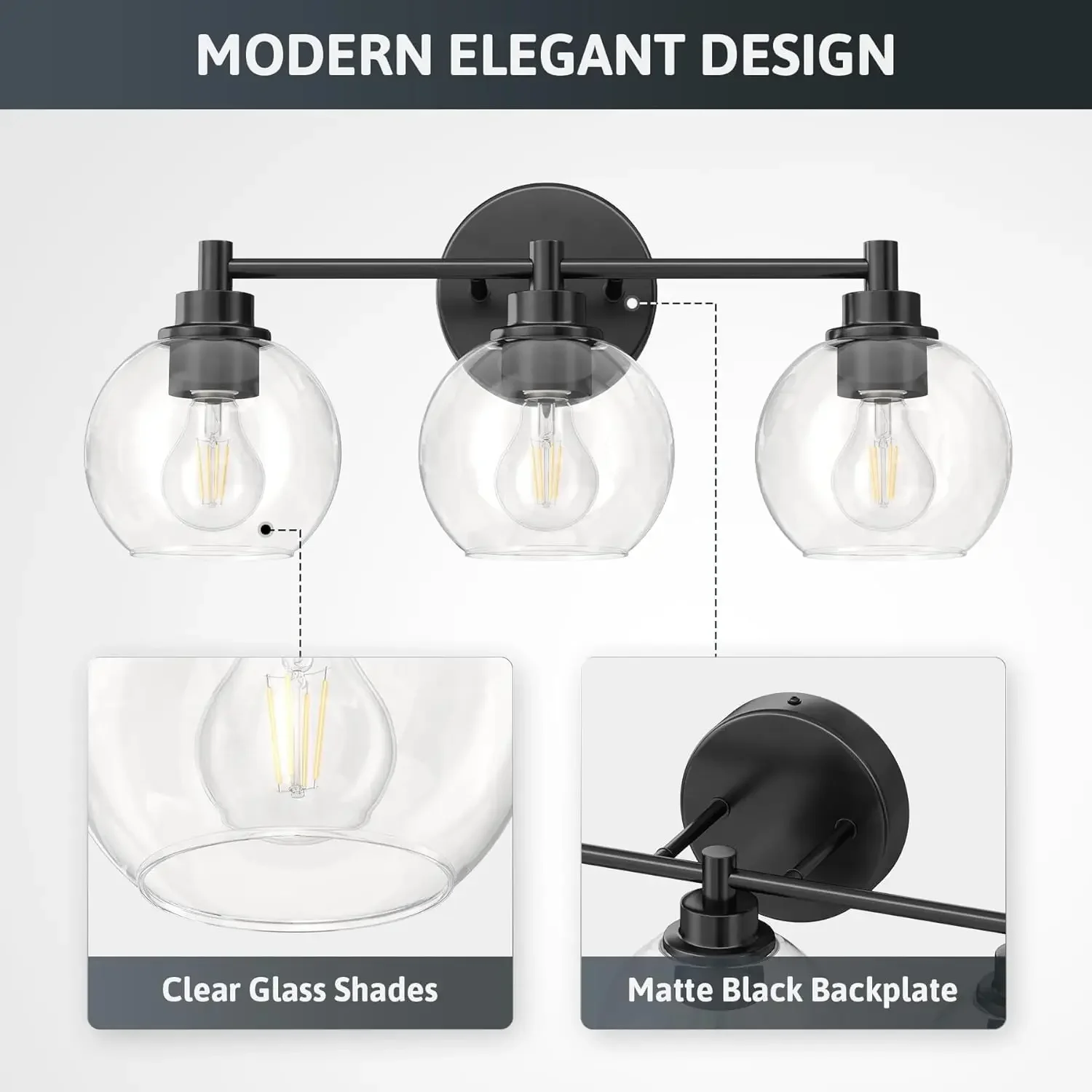 

Bathroom Light Fixtures, 3-Light Vanity Light with Globe Glass Shades E26 Sockets, Bathroom Lights Over Mirror , Black Finish