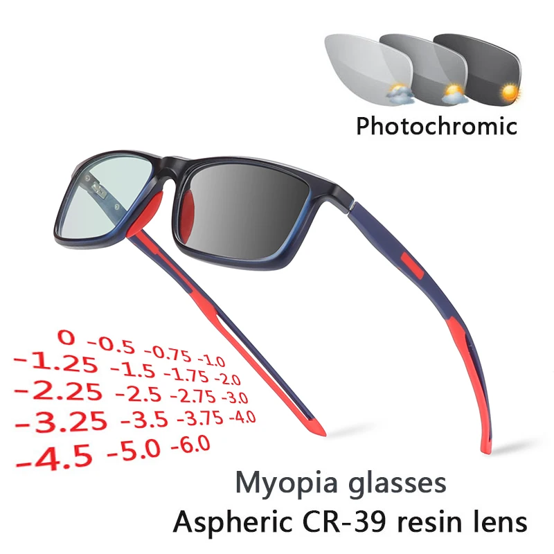 Sportowe fotochromowe okulary dla osób z krótkowzrocznością Mężczyźni Kameleon lub okulary korekcyjne Kobiety TR90 Ramka -0,5 -0,75 -1,0 -2 do -6