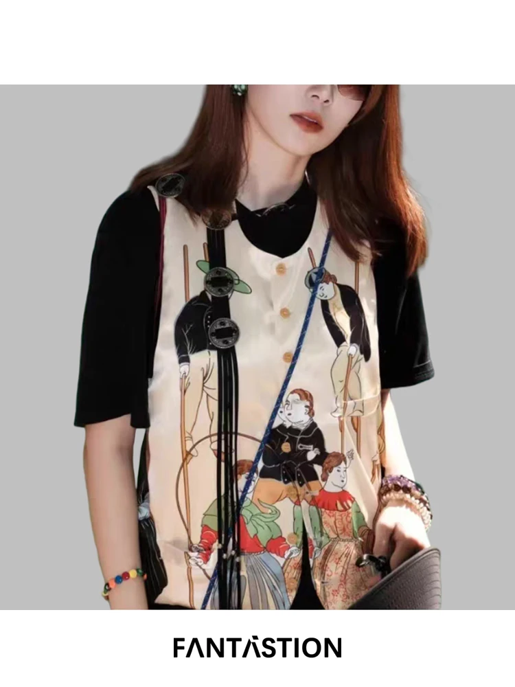 

FANTASTION vintage print unisex waistcoat retro palace-style slim vest casual original design jacket tops