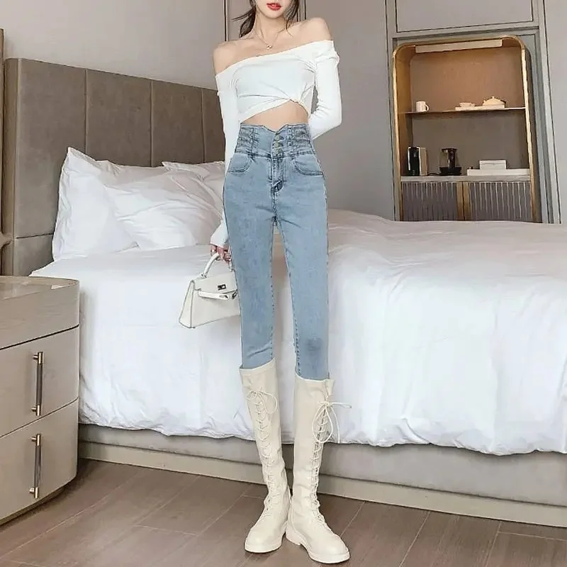 

High Waist Denim Pencil Pants Women's Tight Fit Winter Slimming Concealing Fashionable Cotton Jeans Trousers