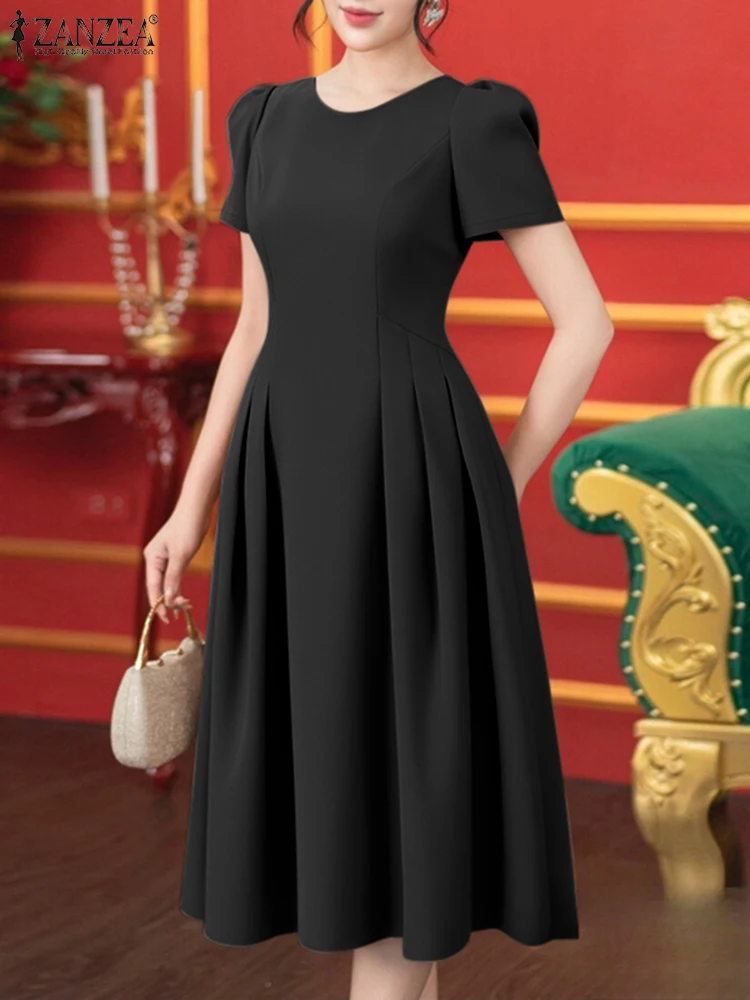 ZANZEA Women 2025 Fashion Robes Pleated Solid Color Streetwear O-Neck A-line Vestidos Short Puff Sleeve Elegant Midi Dresses