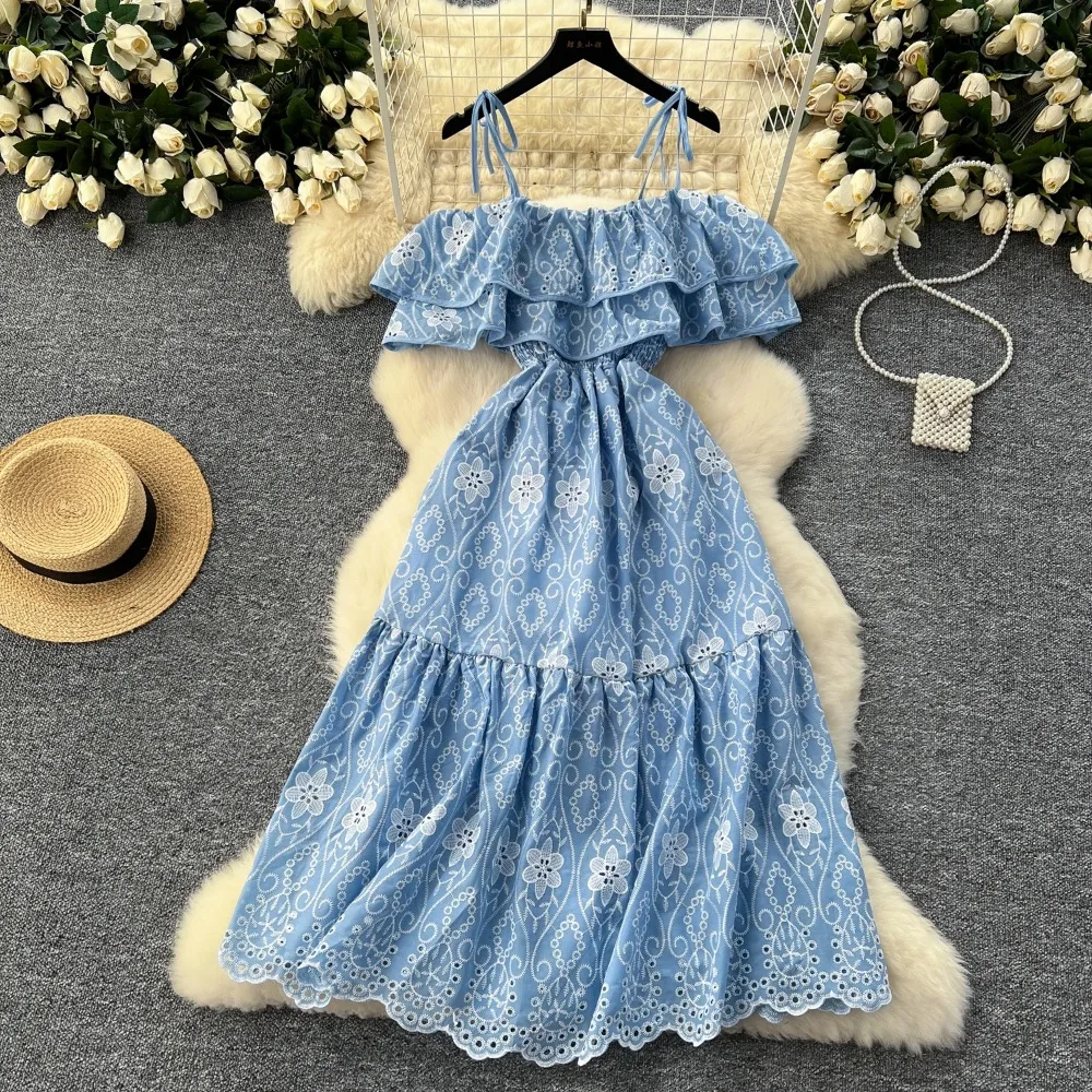Retro  off shoulder slip ruffle cut out embroidery  Dress Beach Vacation Women Korean Fashion Summer Vestidos dresses