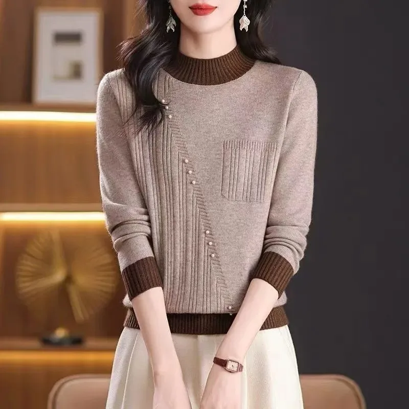 Moda ocidental cor combinando meia gola alta camisola espessada 2025 outono inverno novo topo solto camisola de malha