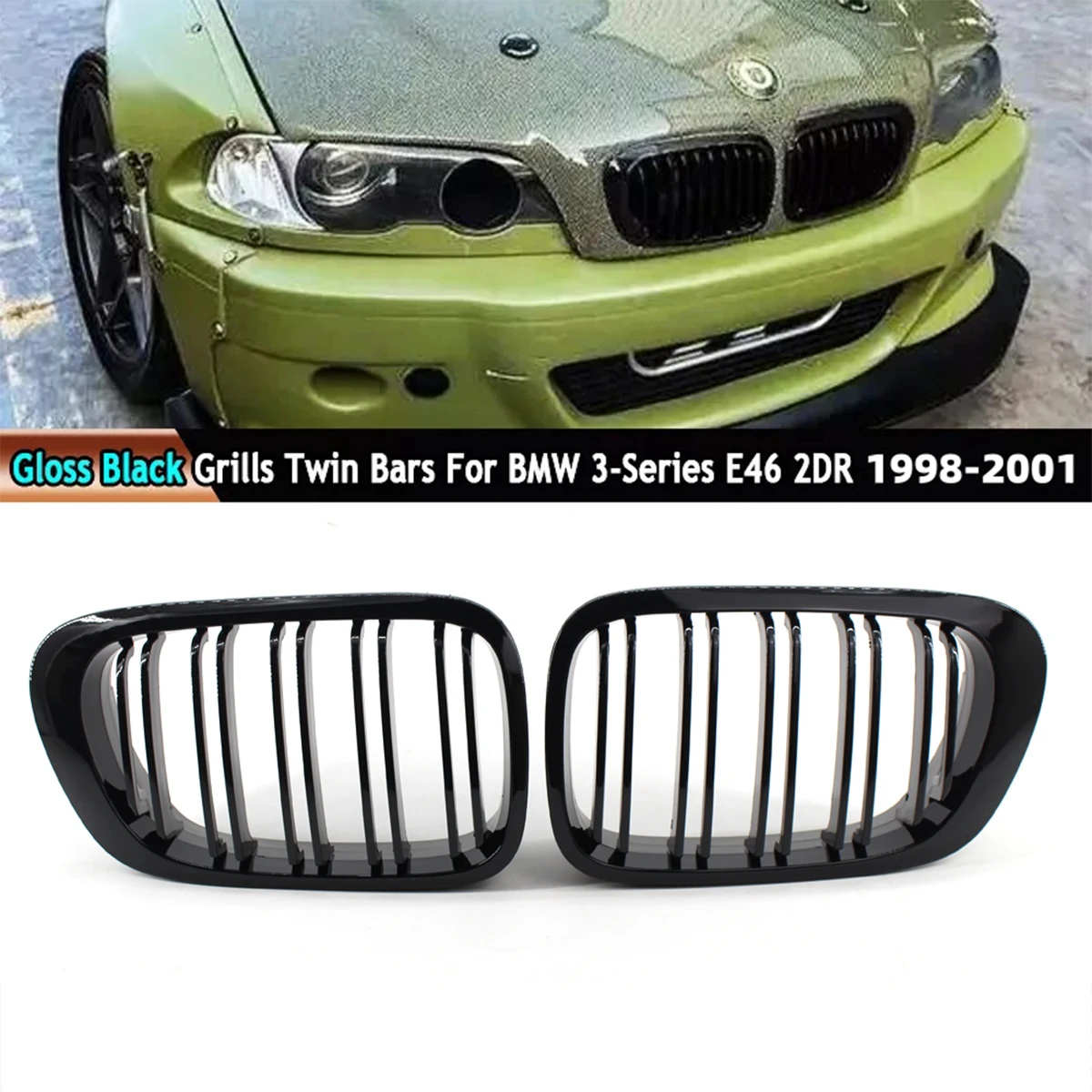 For BMW 3 Series E46 Coupe 2-Door 1998-2001 For M3 01-06 Front Bumper Kidney Grille Glossy Black Car Front Hood Racing Grill