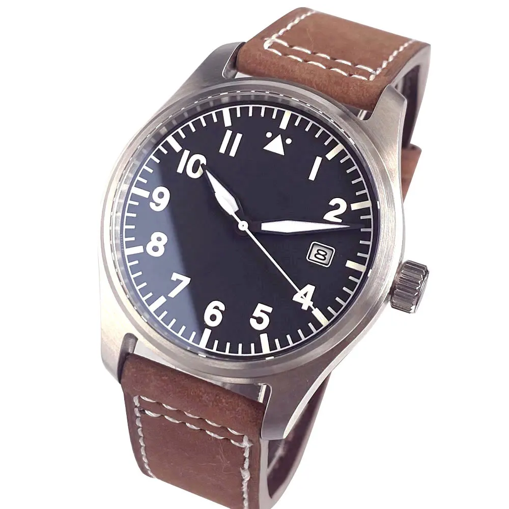 تخصيص 39 مللي متر Miyota8215 الحركة التلقائية الياقوت الكريستال 200 متر مقاوم للماء الطيار ريترو الرجال ساعة حزام من الجلد المسمار تاج