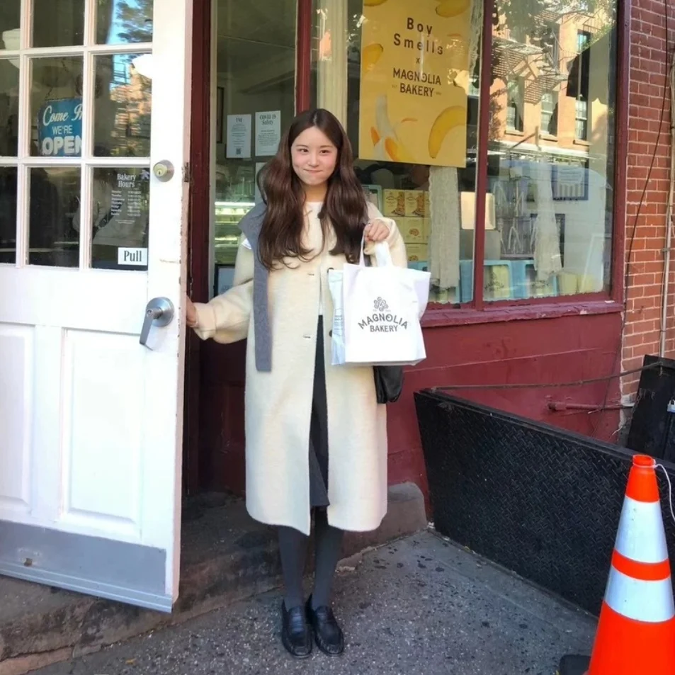 معطف صوف نسائي طويل فضفاض بلون واحد مع ياقة نحيفة للخريف والشتاء بأكمام طويلة #2