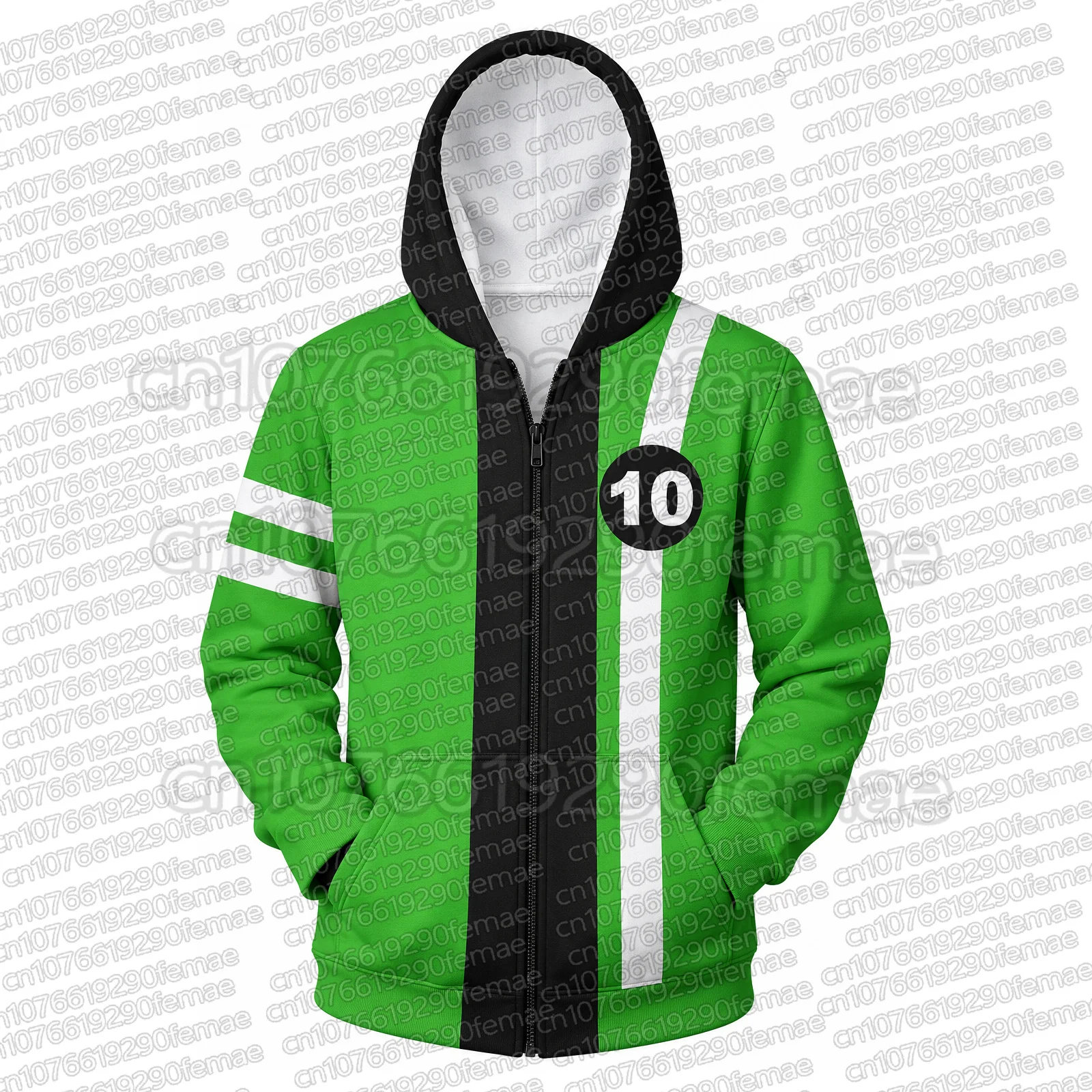 Ben Green Black Color 10# Block Zip Up Hoodie Alien Hero Inspired Cosplay Costume Print Hooded Sweatshirt Anime Jacket for Kids