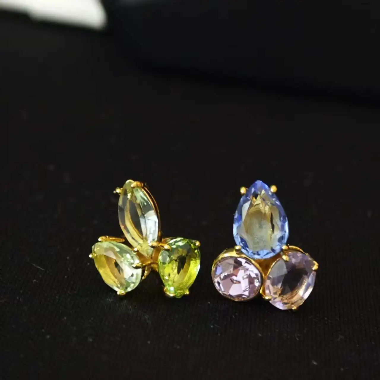 

Two Tone Floral Crystal Earrings, Yellow Blue Pink Zircon Teardrop Studs, Fashion Bridal Party Earrings Valentine's Day Gift