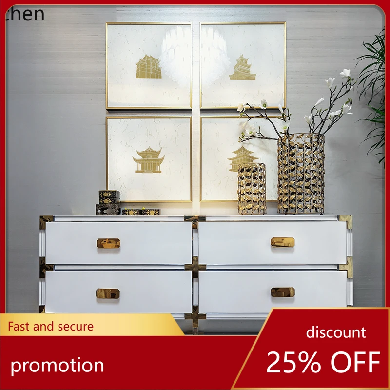 

HT light luxury high transparency acrylic chest white cabinet body with gold parts model room furniture