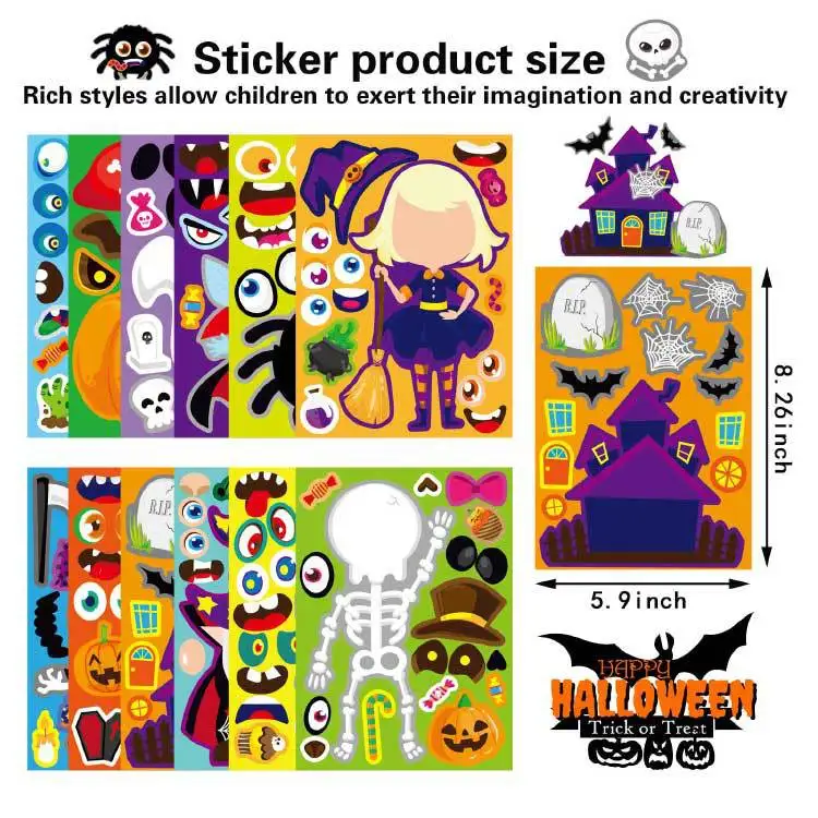 24-32pcs/set DIY Puzzle Sticker Halloween Make-a-Face Create Your Own Pumpkin Witch Children Party Decoration Kids Toys Gifts