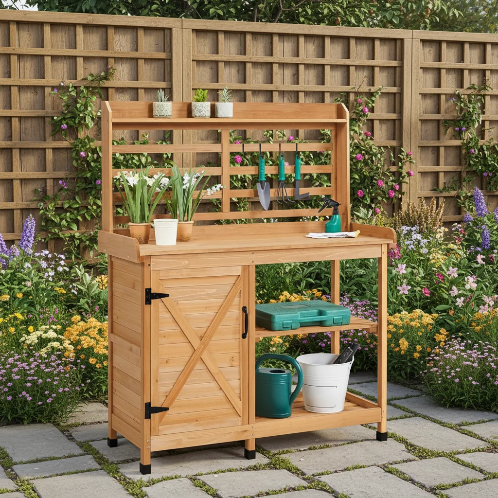 Wood Potting Bench Table Horticulture Germination Table & Outdoor Garden Work Bench Platform with Shelf
