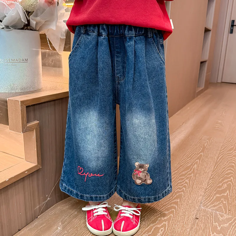 Girls Straight Leg Jeans Cute Bear Print Autumn Elastic Waist Children Pants