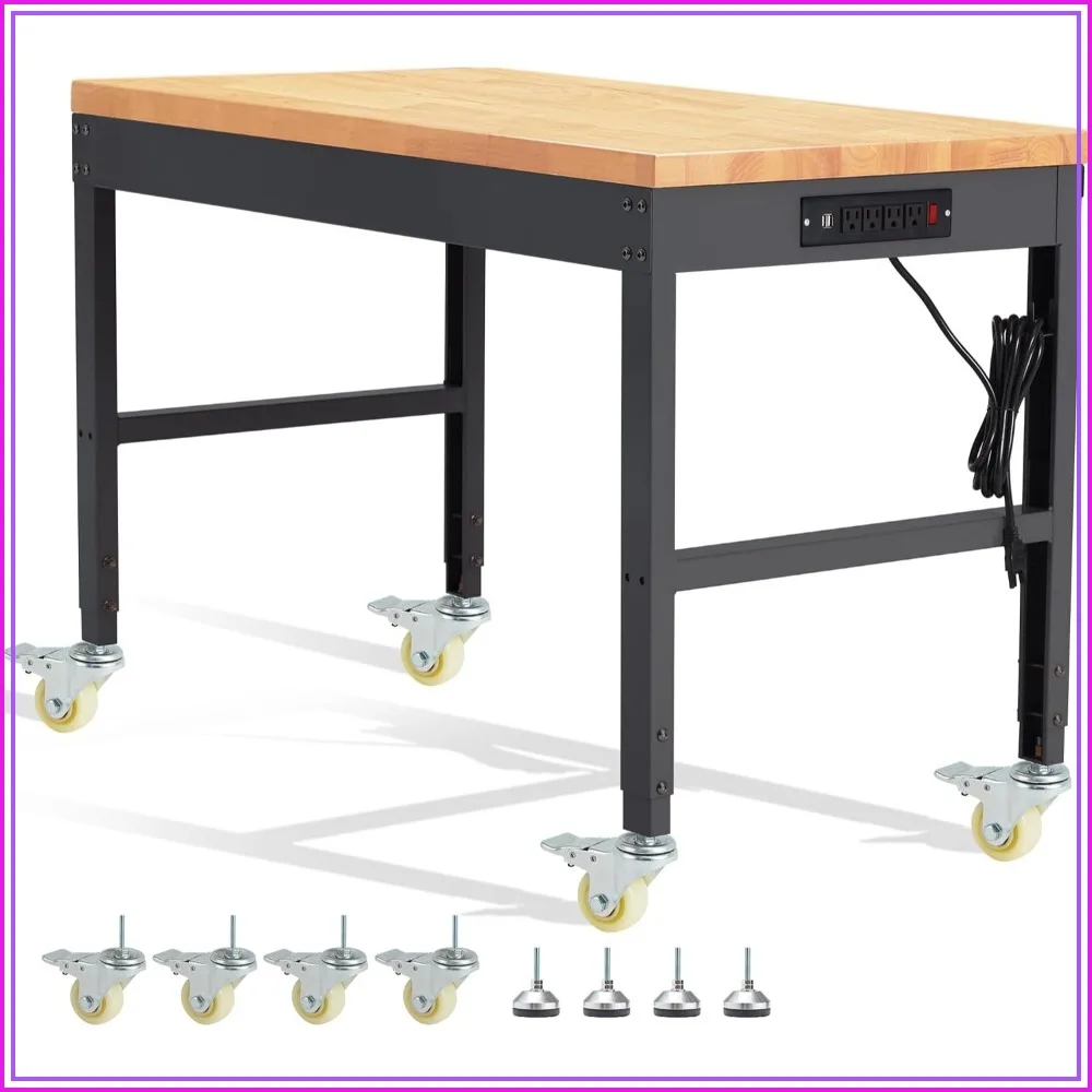 Adjustable Workbench on Wheels 48x24 Solid Wood 2000 Lbs Rolling Table for Garage Shop