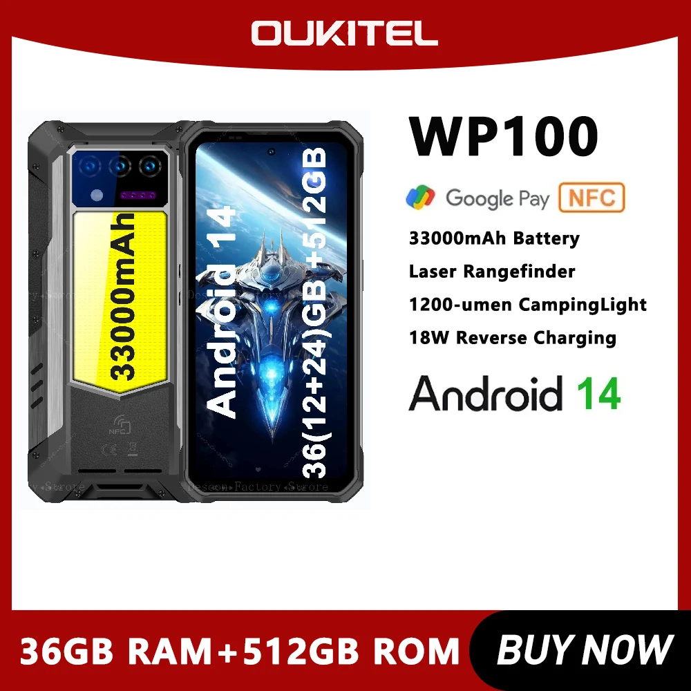 Oukitel WP100 Rugged 33000mAh 5G Smartphone 36(12+24)GB+512GB 66W Android14 Mobile Phone 6.8