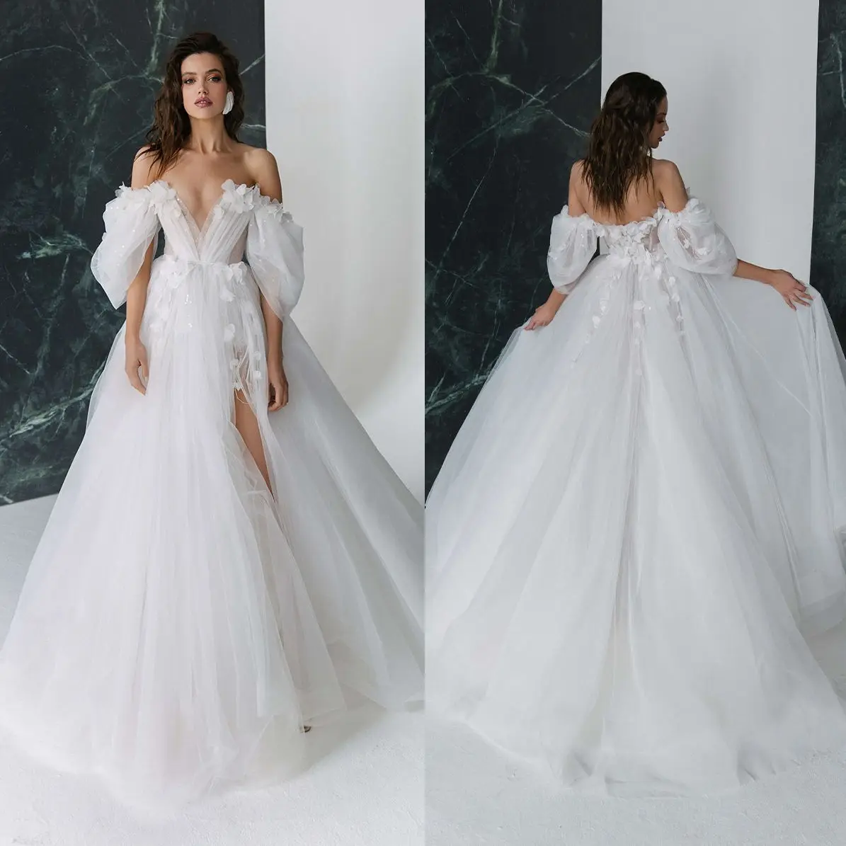 

Modern A Line Wedding Dresses Off Shoulder V Neck High Split Bride Gown Sweep Train Robe De Mariee Custom Made