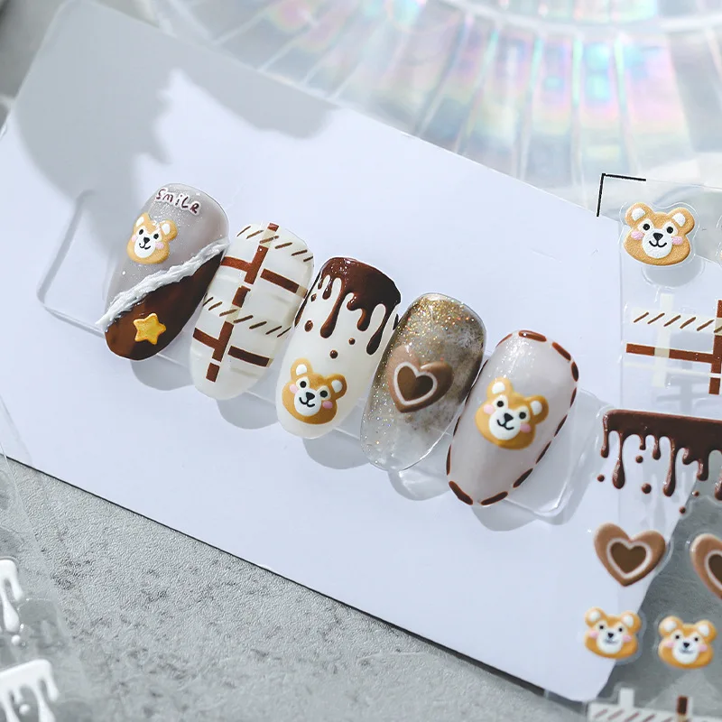 

Cute Bear Milk Flavored Ice Cream Bowknot 5D Embossed Nail Art Stickers DIY Decoration Sliders Manicure Decals Design