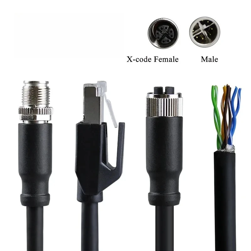 8Pin M12 X-code to RJ45 Profinet/EtherCat Industrial Network Cable Connector M12 8Pin X-type Male Female Plug Shielded Wire IP67