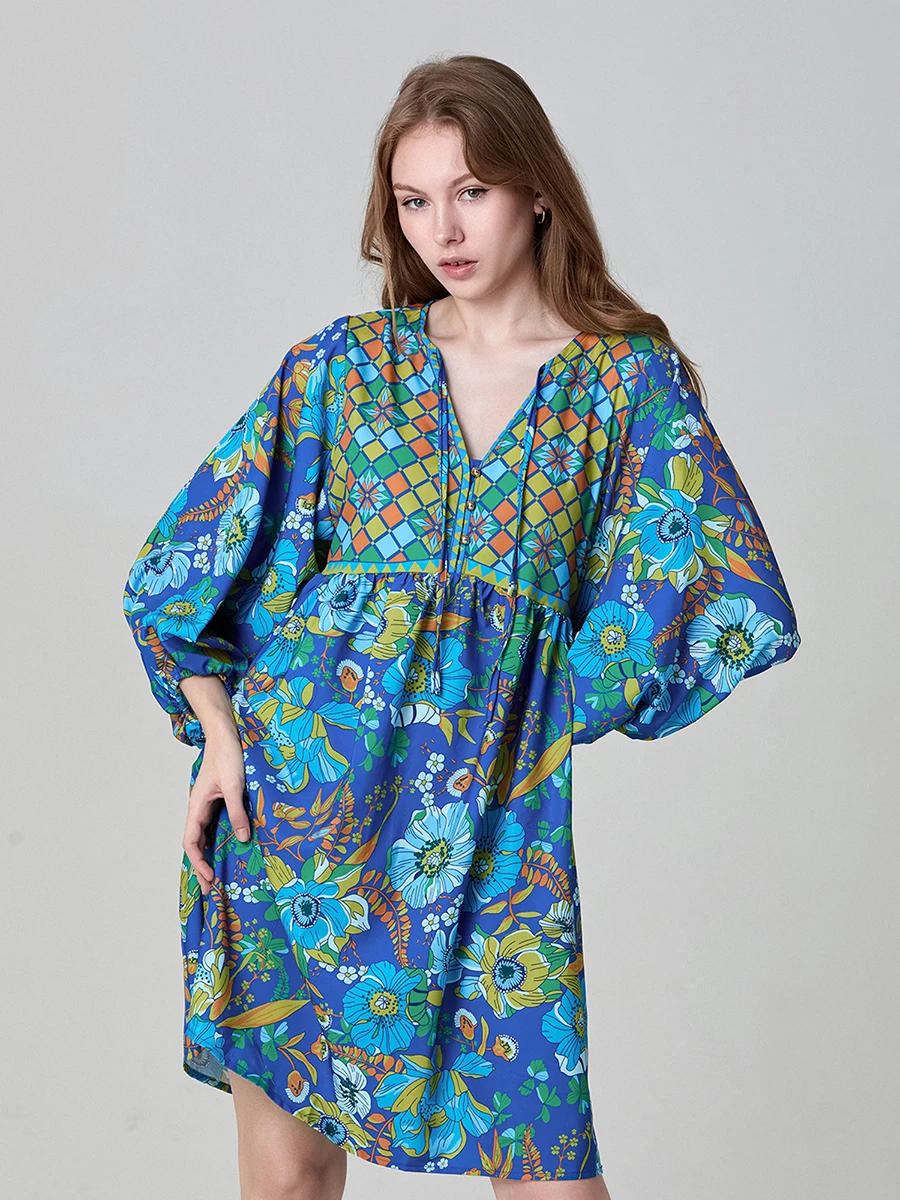 Mini robe à imprimé floral pour femmes, boutons frontaux, col en V, manches 3/4, robe d'été, plage, vacances, décontracté