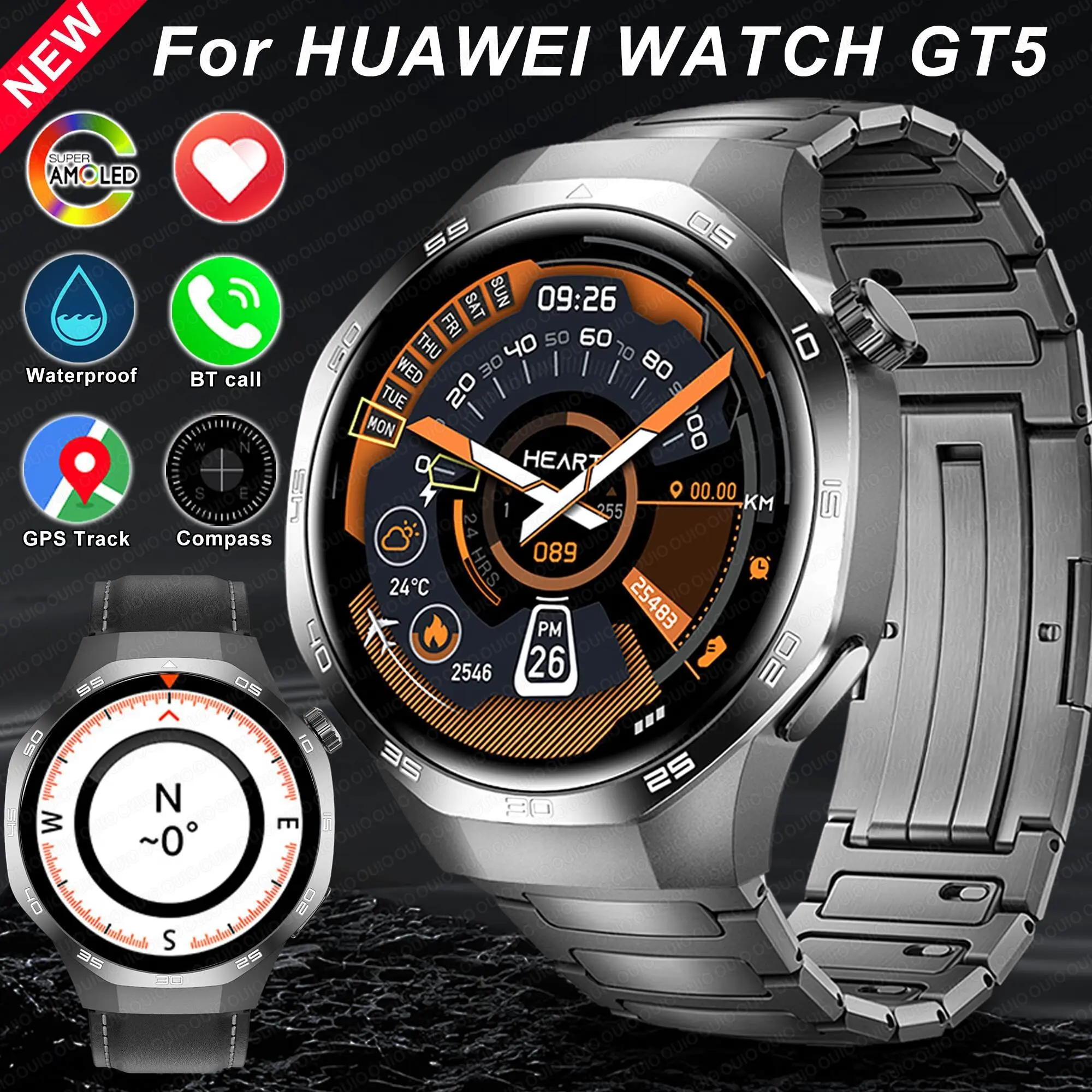 

2024 New For HUAWEI Watch GT5 Pro Sports Smart Bracelet Men NFC GPS Trackr Compass 1.53" AMOLED Screen Bluetooth call smartwatch