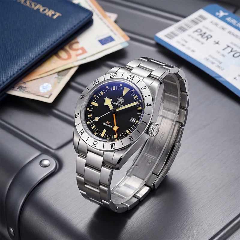 

ADDIESDIVE GMT Watch 39mm Multi Time Zone Men's Quartz Watch K1 Bubble Glass 200m Waterproof Retro Luminous Leisure Dive Watches
