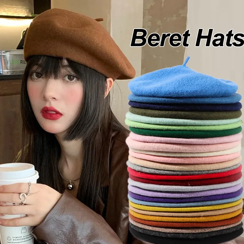 Women Berets Hats Winter Warm Thermal French Artist Style Wool Beanie Hat Vintage Retro Solid Color Elegant Lady Beret Hats Caps