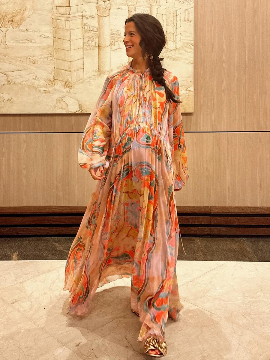 

Floral Print Long Dresses For Women Lace-up Ruffle Crew Neck Long Sleeve Maxi Dress Summer Casual Fashion Holiday Loose Vestidos