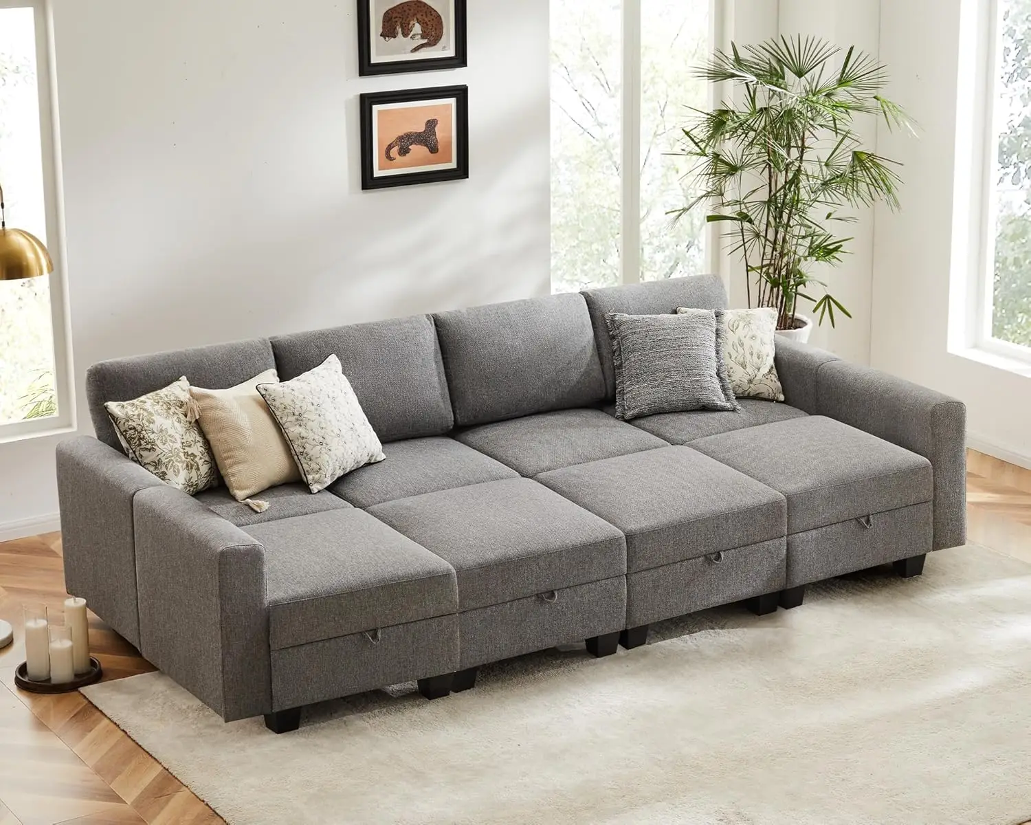 Sectional Sleeper Sofa with Storage Chaises,Modular Sectional Couch 8 Seat Sectional Sofa Bed Couch  Linen,Grey