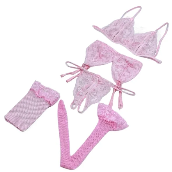 Lace Women Lingerie Set 4 Pcs Sling Open Bra Sexy Wiht Garter Panties Push Up Bra Set  Transparent Underwear Net Stockings view 3