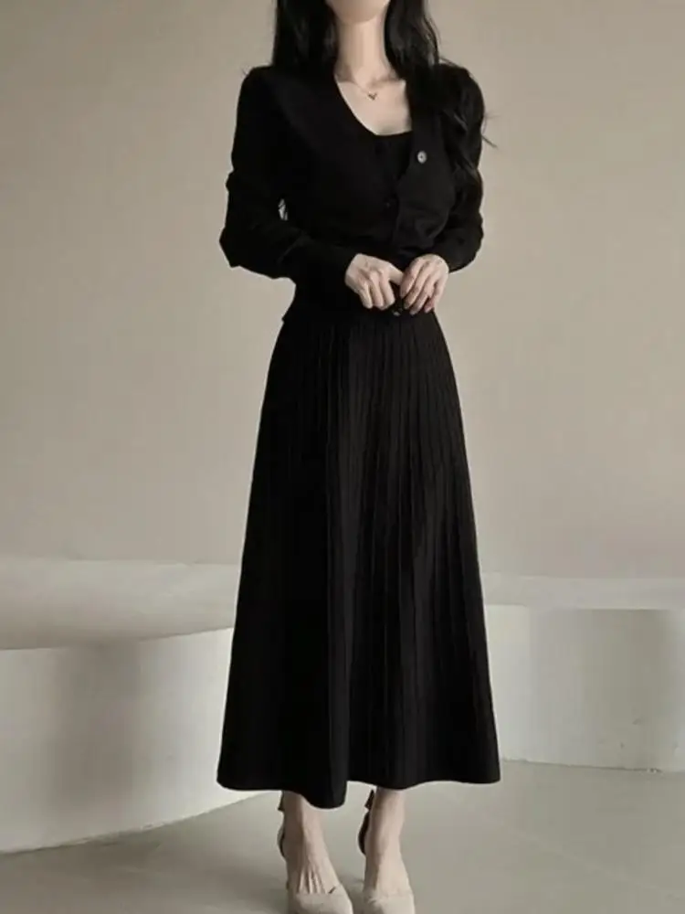 

Autumn Winter Women Black Beige V Neck Long Sleeve Single Breasted Short Cardigan Sweater Tops + Slim Slip Dress Two Piece Sets