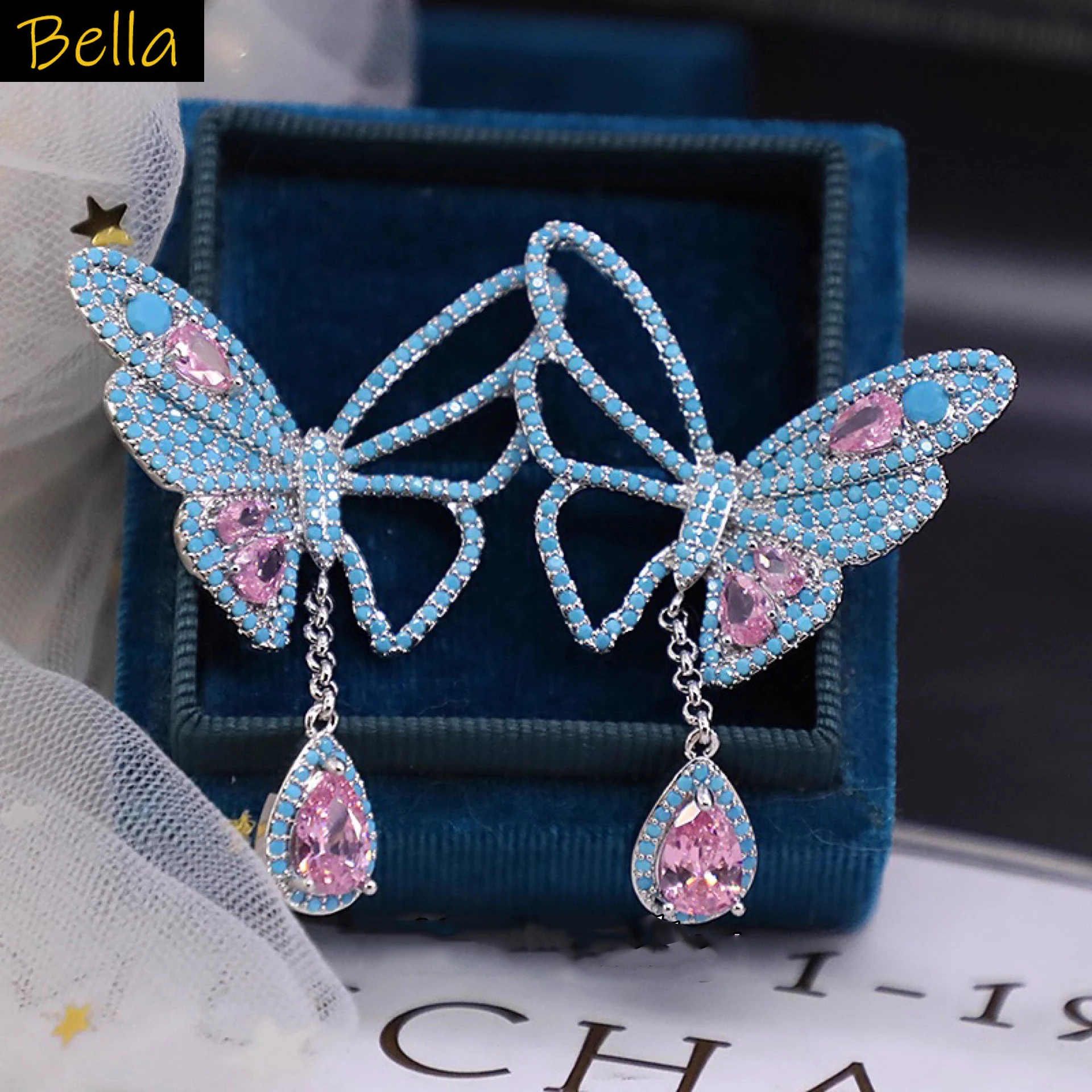 

blue pink butterfly earrings for women sweet luxury jewelry zirconia dinner party dangling earrings