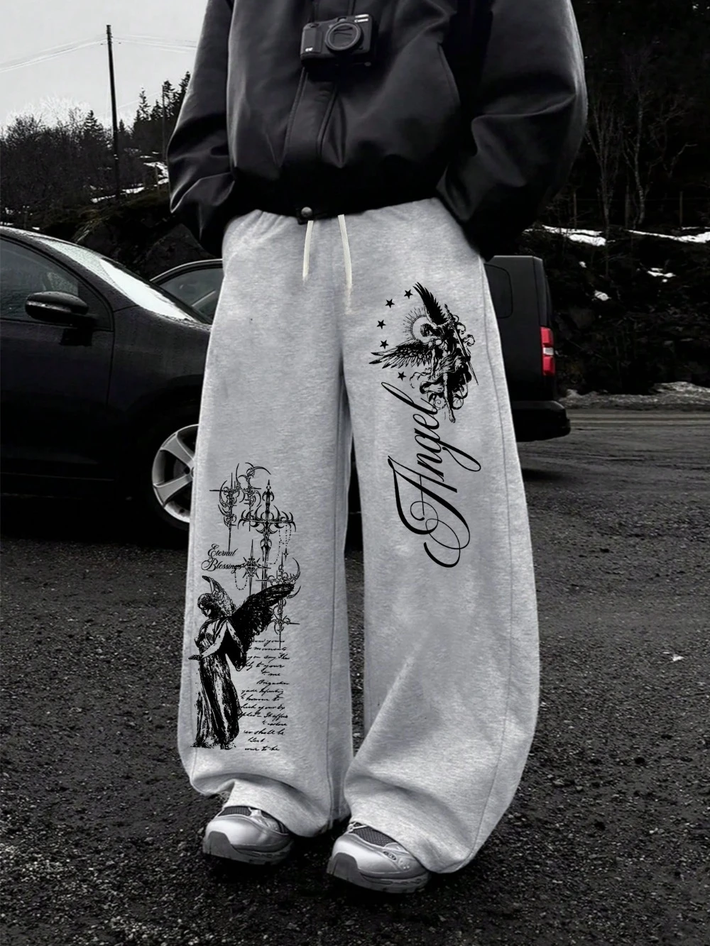 Dark punk style angel and sword print wide-leg pants high street drawstring loose straight leg sweatpants unisex  mens pants