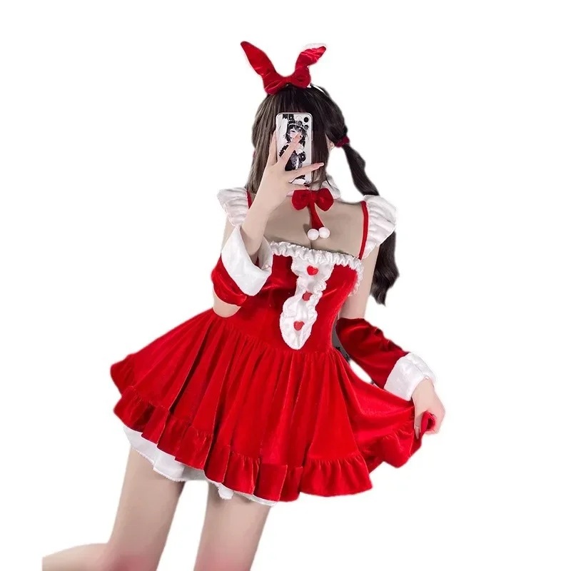 Christmas Uniform Set 2024 New Christmas Costume Full Set Santa Claus Halloween Cosplay Sexy Maid Dress With Shawl Holiday Gift