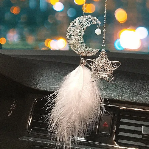 Imagen 2 del producto Colgante de coche atrapasueños para niñas, colgante de espejo de plumas, decoración del hogar, adorno de coche de la suerte, accesorios de Interior de coche para niñas