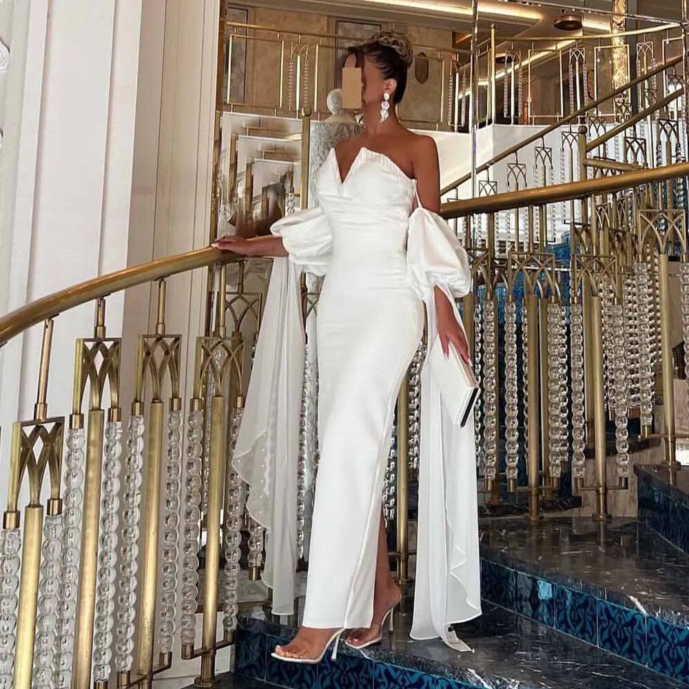 Exquisite Saudi Arabia Women's Evening Dresses Jersey Sheath Prom Gown White Sweetheart Tassel Puff Sleeve Draped Party Dress