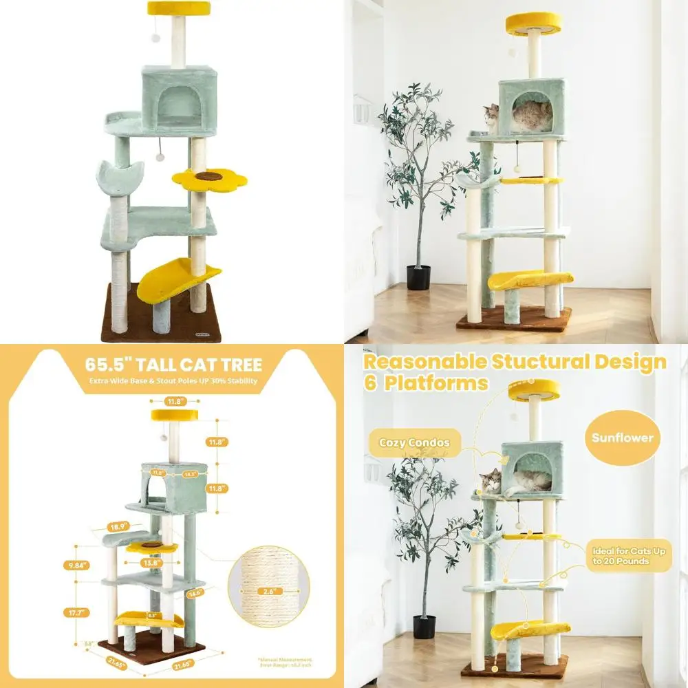 

65.5 Multi-Level Cat Tree Tower with Plush Scratching Posts, Toy Balls, and Pet House for Large Cats, Cute Design