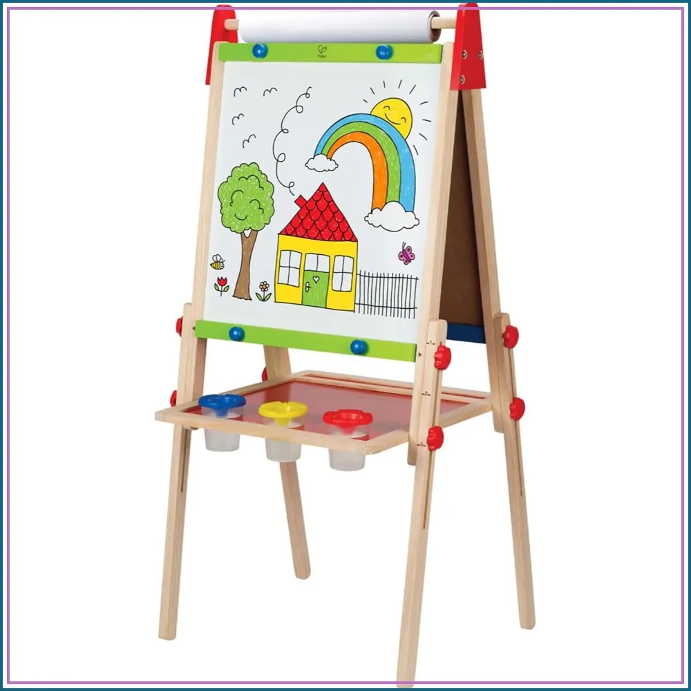 

Adjustable Wooden Easel with Magnetic Board, Chalkboard, Dry-Erase Surface, 3 Paint Pots, and Refillable Paper Roll