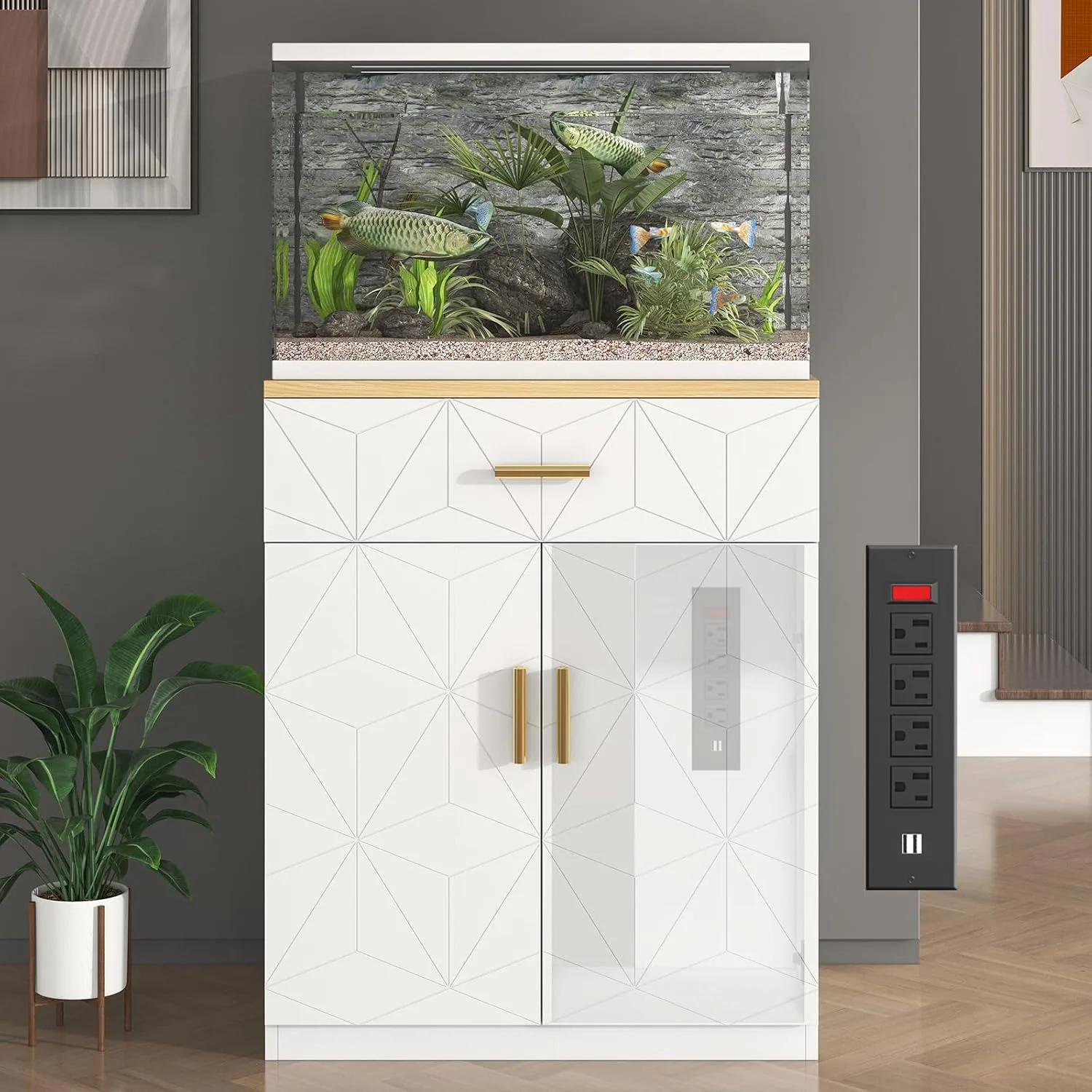 

20 Gallon Fish Tank Stand with Charging Station, 10 Gallon Aquarium Stand, White Tank Stand, Fish Tank Table with Drawer