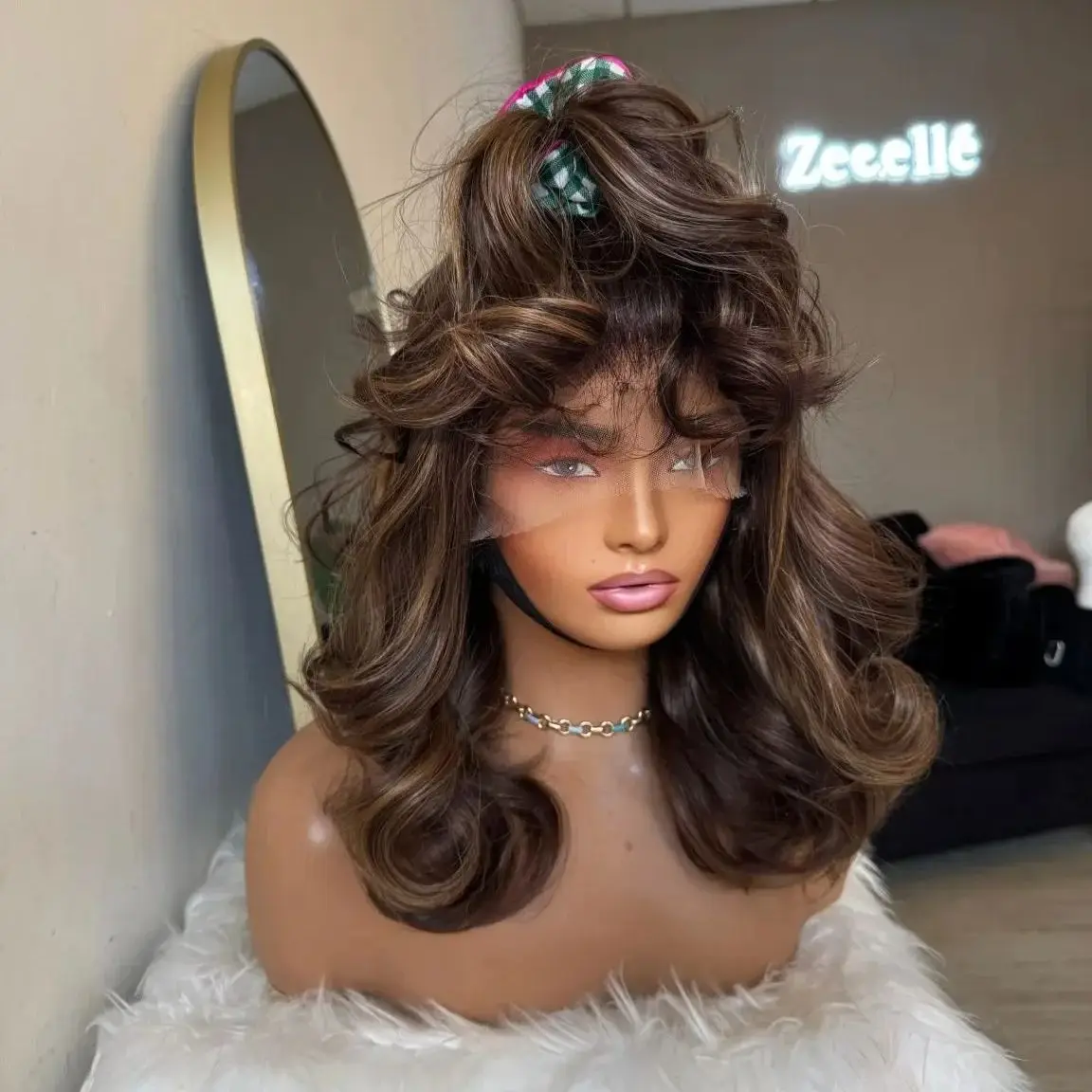 

18 Inches Dark Highlights Body Wave Realistic Look Natural Hairline Synthetic Lace Frontal Wigs Trendy Heat Resistant Fiber Wigs