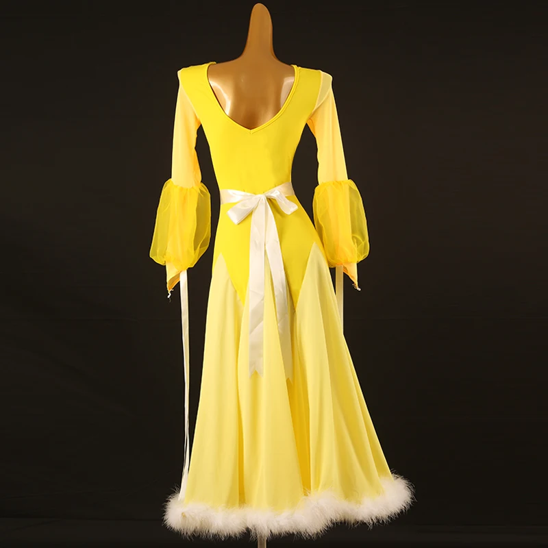 Ballroom Dance Dress For Women Yellow Lantern Sleeve Large Swing Skirt Female Adult Waltz Modern Dance Performance Dress DQL8719