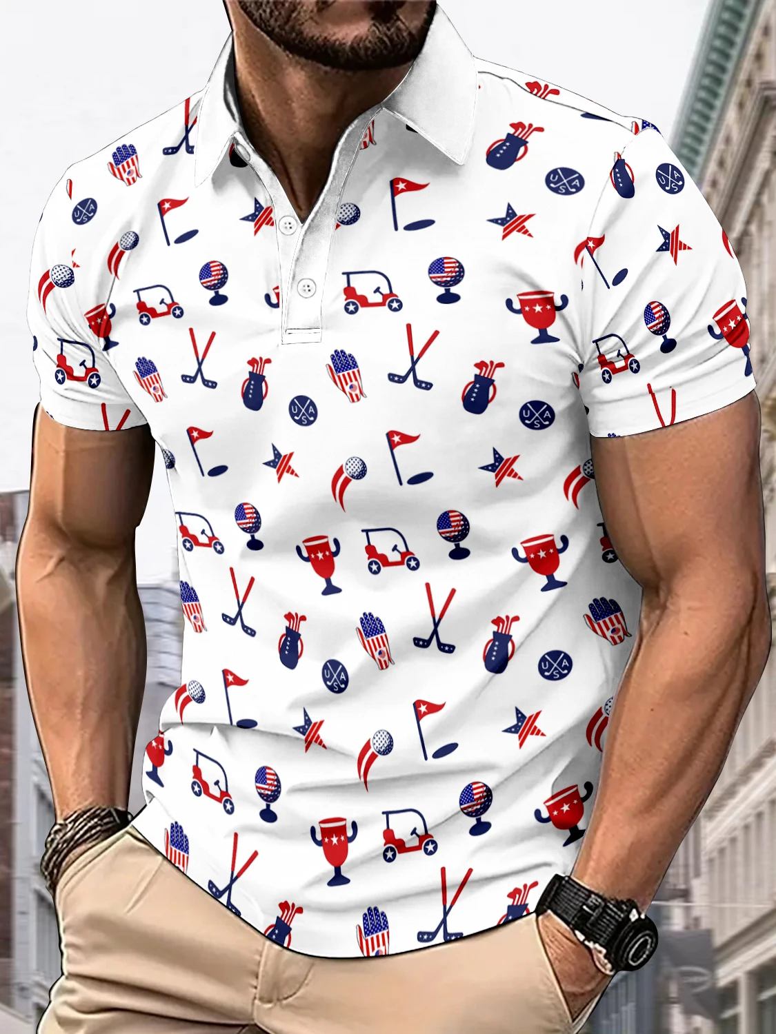 Summer new men's short sleeved polo, personalized printed polo, fashionable sports polo, machine washable