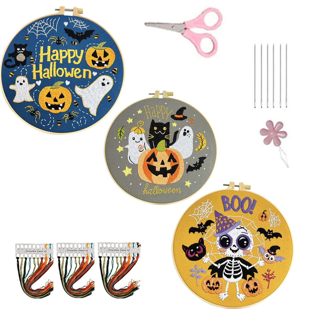 

3 Pack Halloween Embroidery Starter Kit With Embroidery Hoop And Embroidery Supplies For Beginner Self-learning