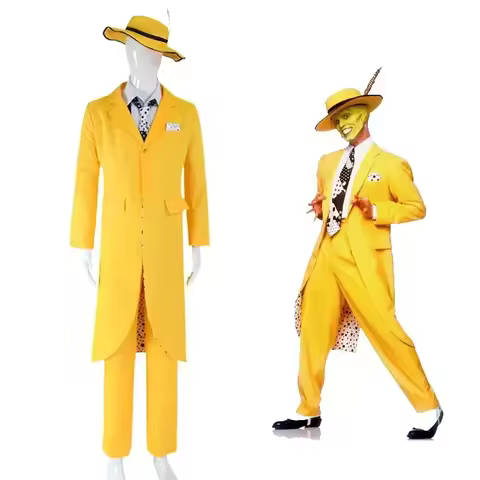 Jim Carrey Cosplay Costume Adult Men Yellow Suit Uniform Outfits Halloween Carnival Costumes Green Funny Mask