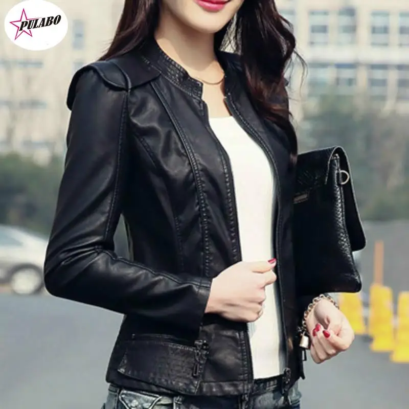 PULABO Motorcycle Coat Spring Winter Women Black Slim Cool Lady PU Leather Jackets Female Zipper Faux Femme Outwear