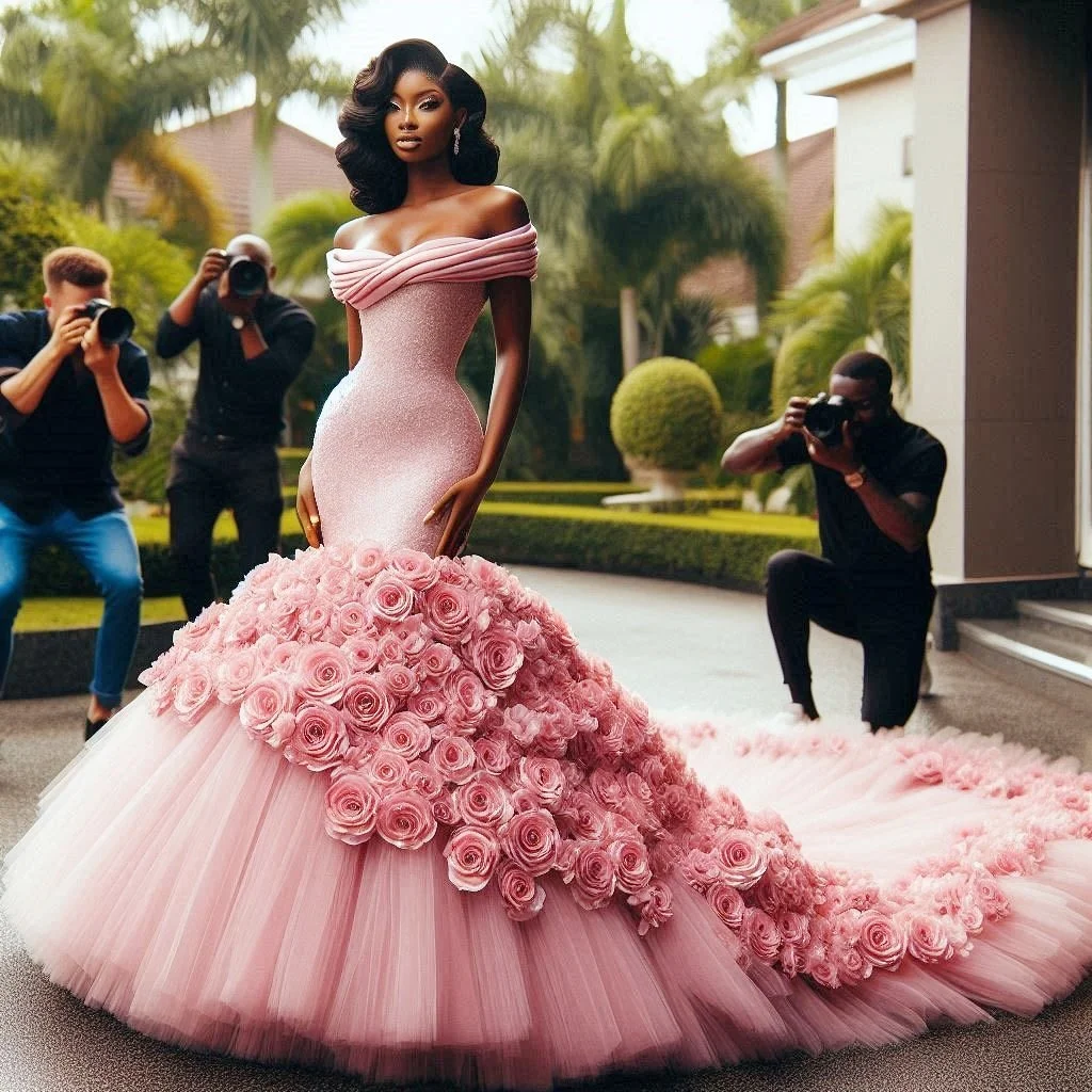 

Amazing Pink Off The Shoulder Prom Dress 3d Flowers Tulle Sweeing Tracking Evening Gowns Lace Up Back Wedding Party Dress