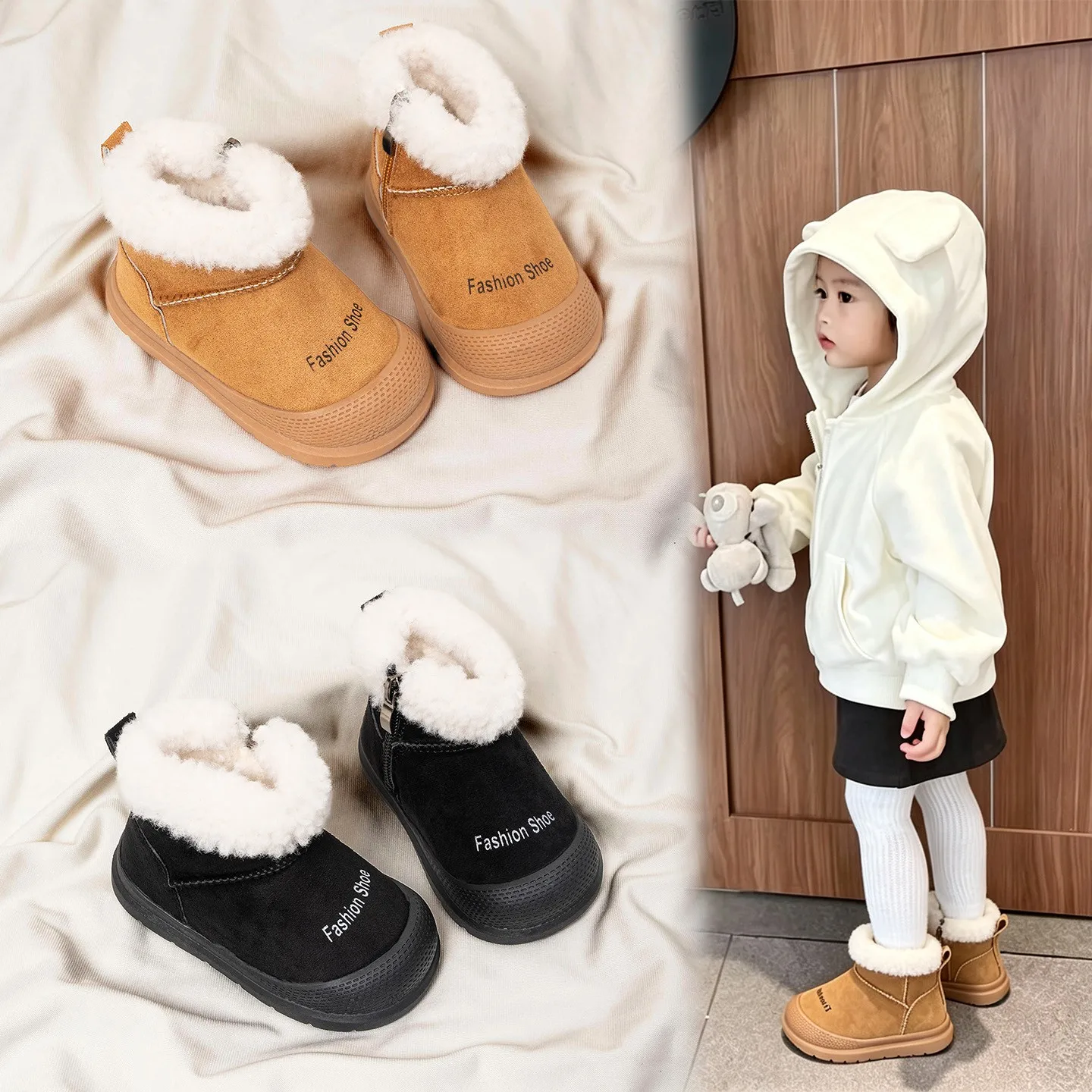 Children Snow Boots Girls Warm Plush Snow Boots Boys Toe Protection Non-slip Soft Sole Infant Boots Size 15-30