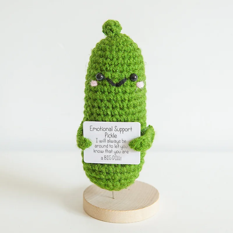 Handmade Emotional Support Pickle Crochet Smiley Sour Cucumber Knitted Pickle with Positive Card Cheer up Gift Crochet Decor