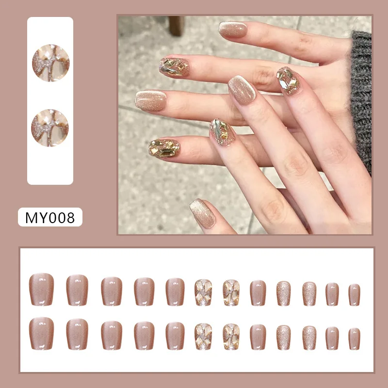 24Pcs Cat's Eye Handmade Fake Nails Tips Glitter Mid-length Oval Press on Nails Art Bow Rhinestone Design False Nail Sets - view 5